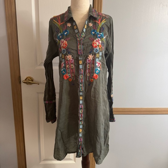 Johnny Was Olive Green Floral Embroidery Dress Size Small - Picture 1 of 12